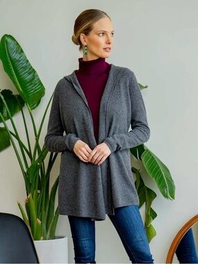 Alpine Cashmere Charcoal 100% Cashmere Knit Quiet Luxury Long Hoodie Cardigan